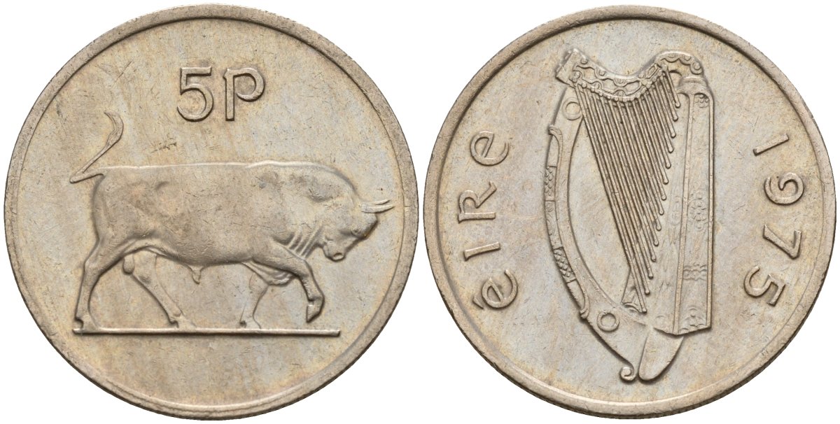 Ирландия 5 пенсов 1975 бык KM 22 медно-никель 4141-256