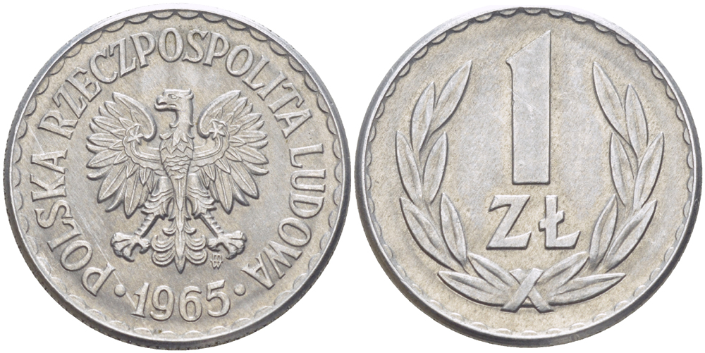 ПОЛЬША 1 ЗЛОТЫЙ 1965 MW KM 49.1, Parchimowicz 213b алюминий 216-812