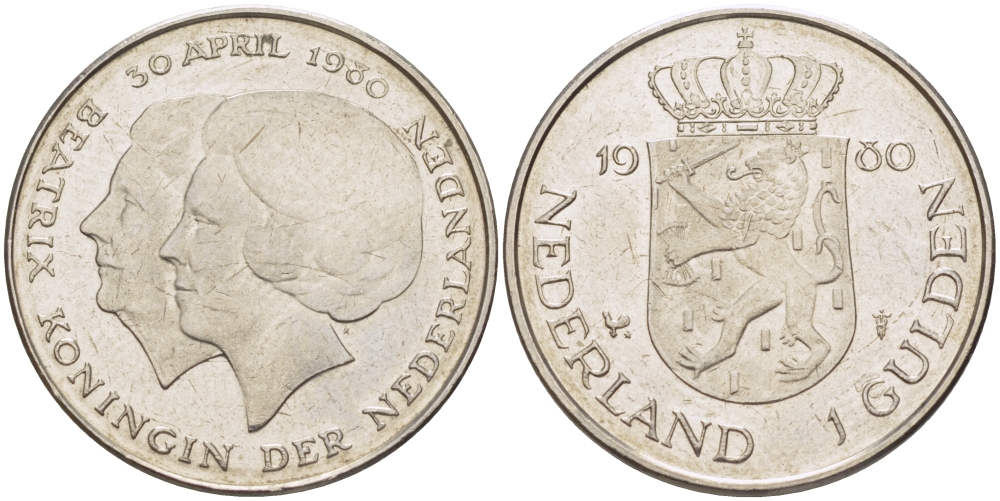 Нидерланды 1 гульден 1980 на коронацию Беатрикс, 30 апреля 1980 KM 200 никель 31-816