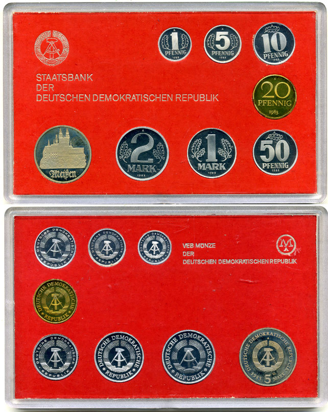 ГДР официальный набор из 8 монет включая 5 марок Мейсон 1983 тираж 2550 экземпляров, твердый пластик KM PS 4 PROOF 4-3-5-24