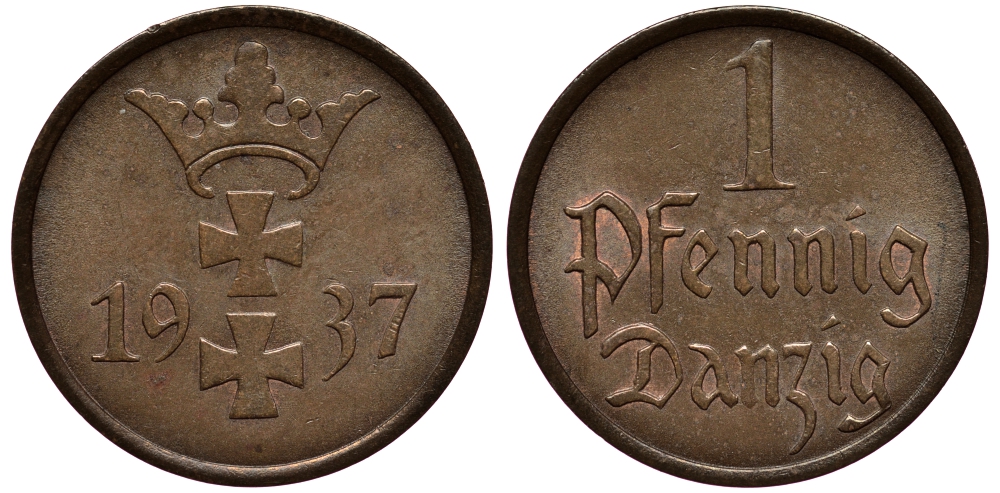 Данциг 1 пфенниг 1937 J. D 2, KM 140 бронза 4127-612