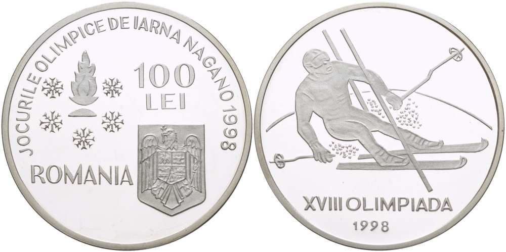 Румыния 100 леев 1998 XVIII зимние Олимпийские игры в Нагано 1998 года, слалом KM 142 серебро PROOF 00-00