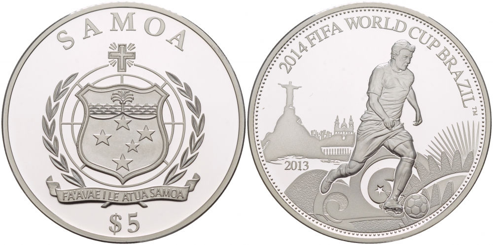 Самоа 5 тала 2013 FIFA, Чемпионат мира по футболу в Бразилии 2014 KM NEW серебро PROOF 11-109-15