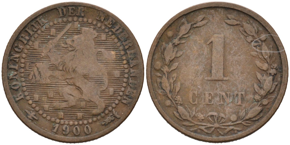 Нидерланды 1 цент 1900 Вильгельмина (1890-1948) KM 107 бронза 4576-639