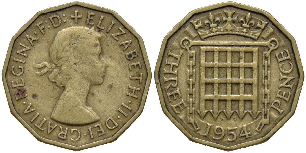 Великобритания 3 пенса 1954 Елизавета II (1952-2022) KM 900, Spink 4153 никель латунь 4171-545