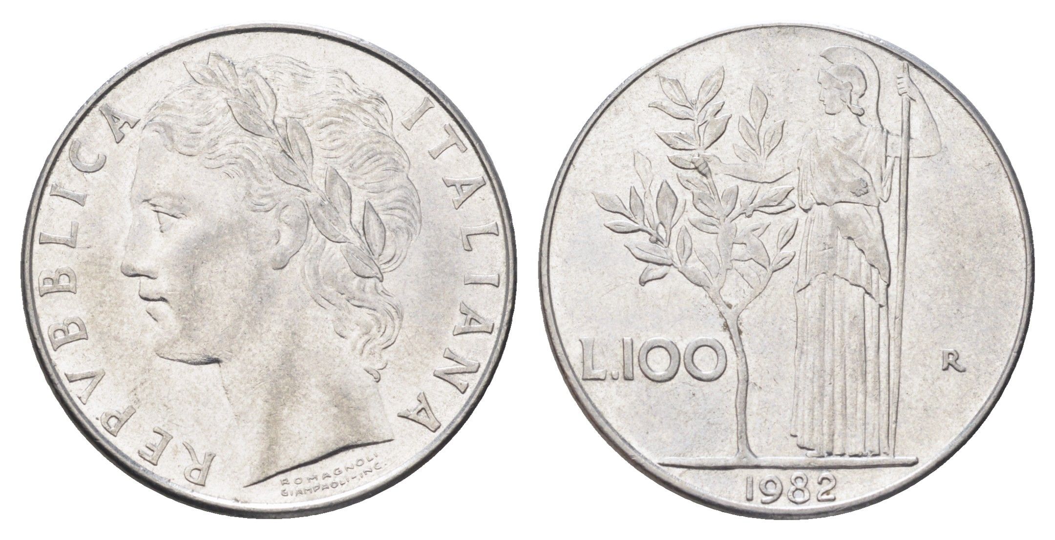 Италия 100 лир 1982 R, Афина в доспехах KM 96.1 нержавеющая сталь 4704-814