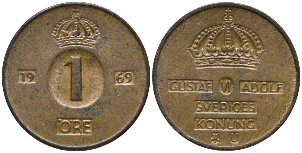 Швеция 1 эре 1969 U, Густав VI Адольф (1950-1973) KM 820 бронза 201-1159