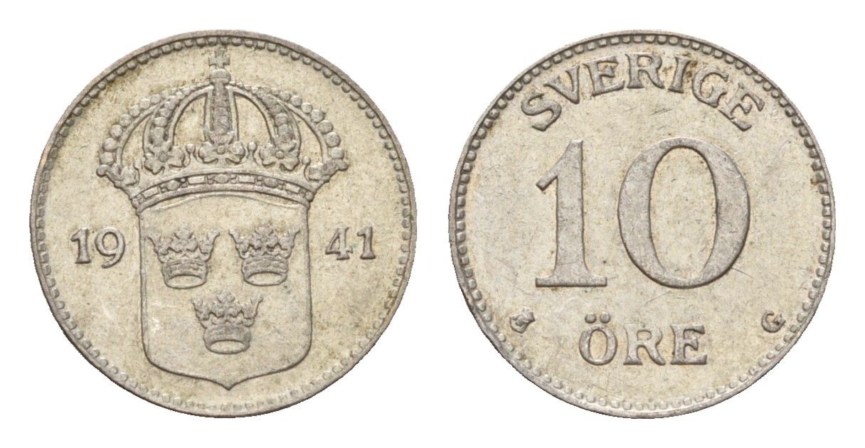 Швеция 10 эре 1941 Густав V (1907-1950) KM 780 серебро 4124-757