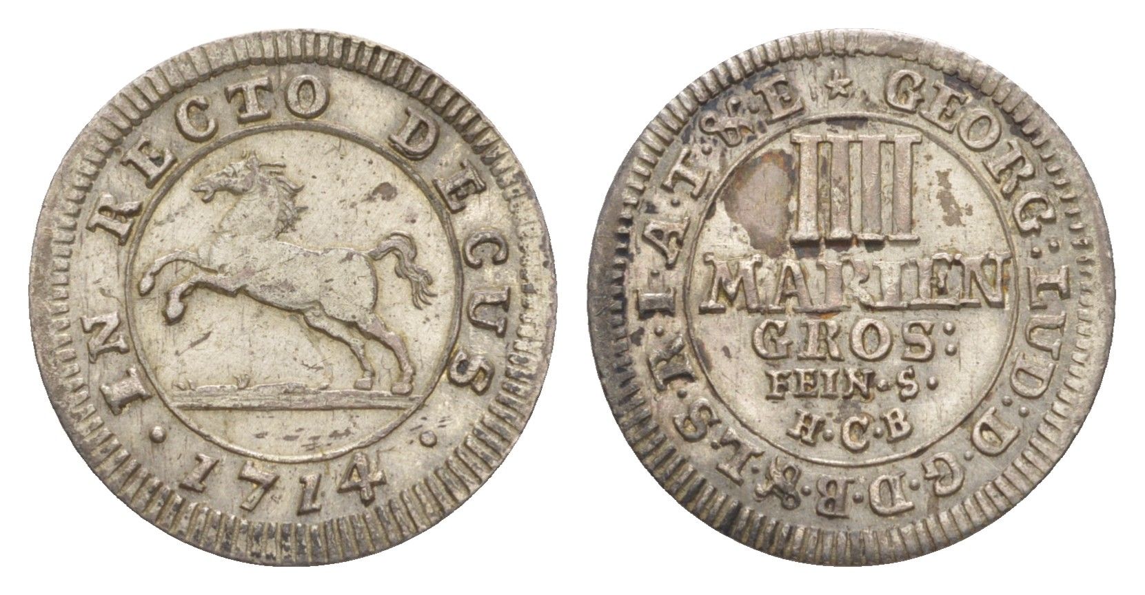 Брауншвейг-Каленберг-Ганновер 4 мариенгроша 1714 HCB, Георг I (1698-1727), из коллекции Ричарда Б. Смита Welter 2197, KM 33 серебро 1525-642