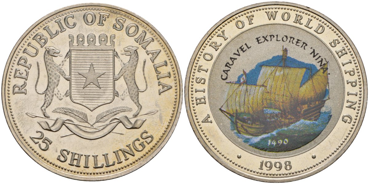 Сомали 25 шиллингов 1998 история мирового судоходства, Каравелла исследователь Нинья KM 51 медно-никель PROOF 00-000-00