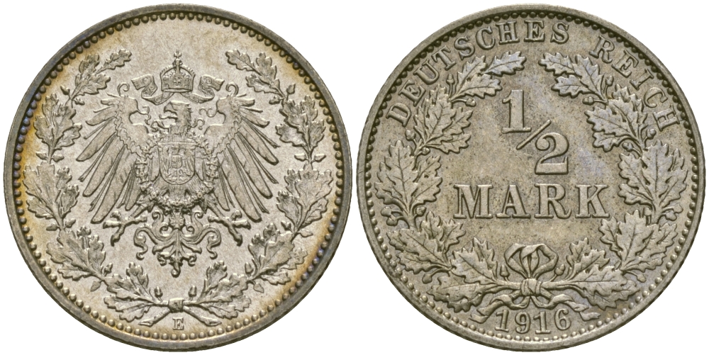 ГЕРМАНИЯ 1/2 МАРКИ 1916 E J. 16, KM 17 серебро UNC 65-245