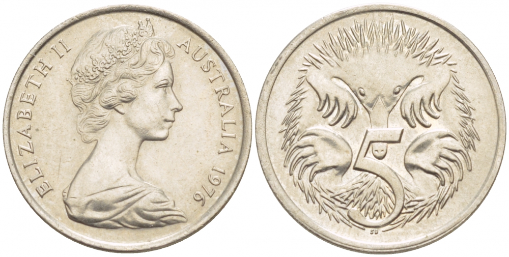 Австралия 5 центов 1976 королева Елизавета II (1952-2022), ехидна KM 64 медно-никель UNC 4532-559