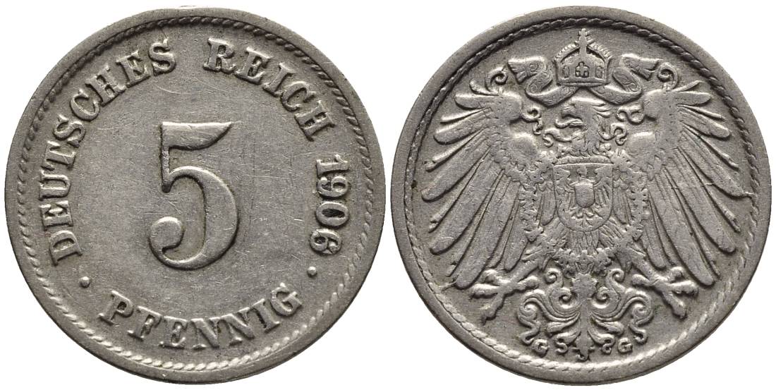 ГЕРМАНИЯ 5 ПФЕННИГОВ 1906 G KM 11, Jager 12, Weege 6 медно-никель 4547-454