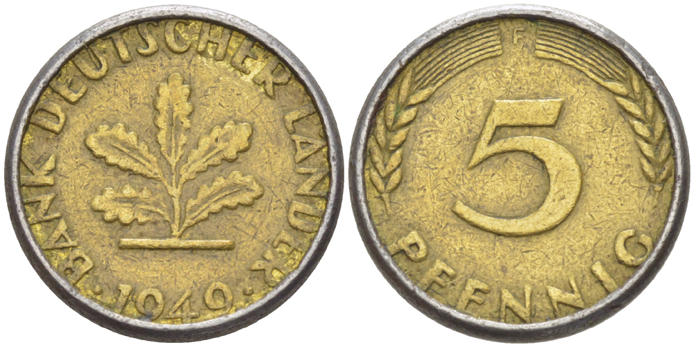ФРГ 5 ПФЕННИГОВ 1949 F KM 102, J. 377 сталь плакированная латунью 4181-862