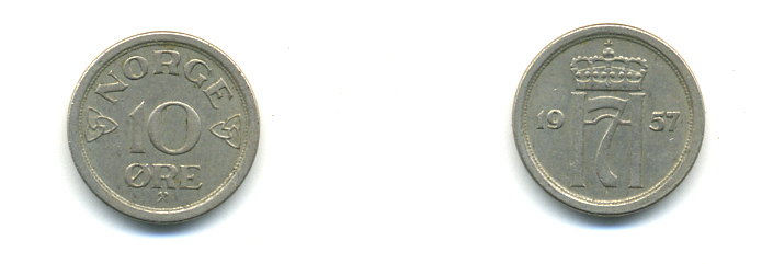 НОРВЕГИЯ 10 ЭРЕ 1957 KM 396 медно-никель 80-533
