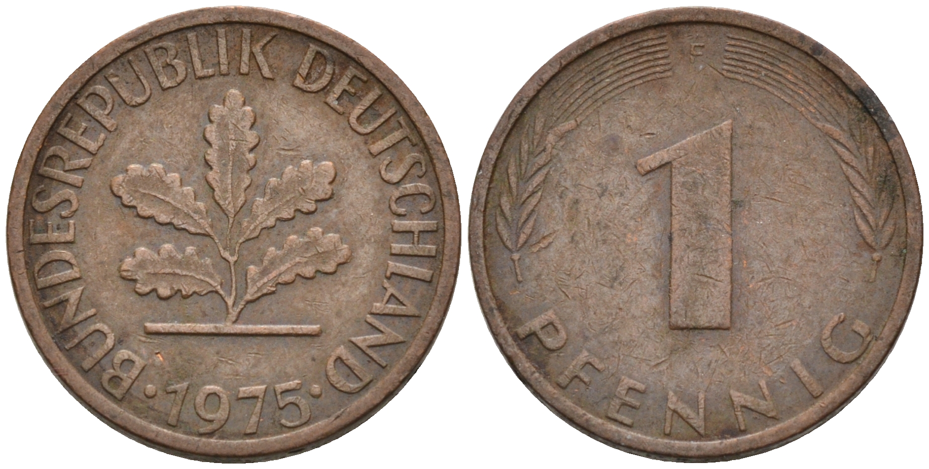 ФРГ 1 ПФЕННИГ 1975 F KM 105, J.380 сталь плакированная медью 75-421