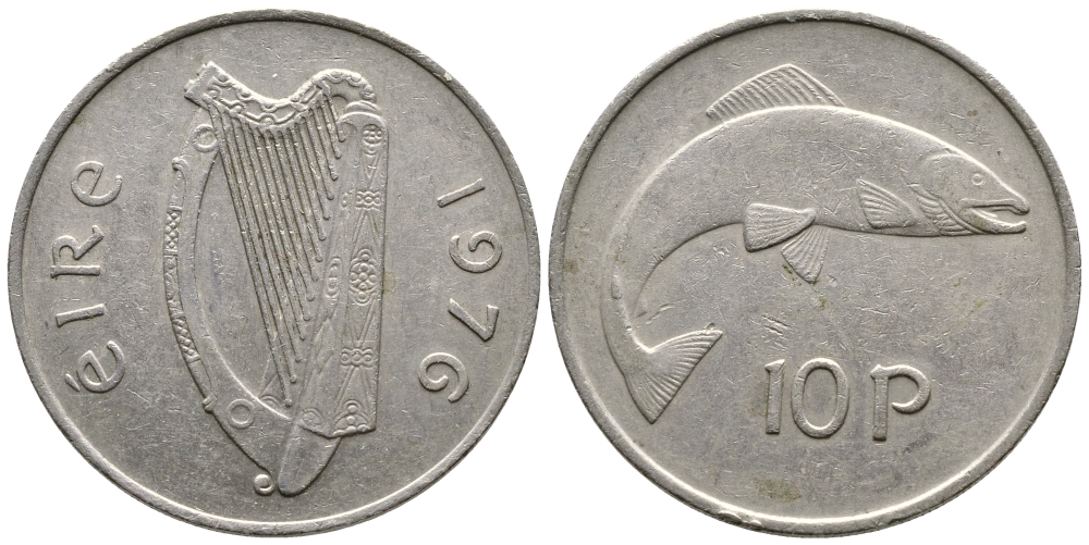 ИРЛАНДИЯ 10 ПЕНСОВ 1976 ЛОСОСЬ KM 23 медно-никель 4110-443