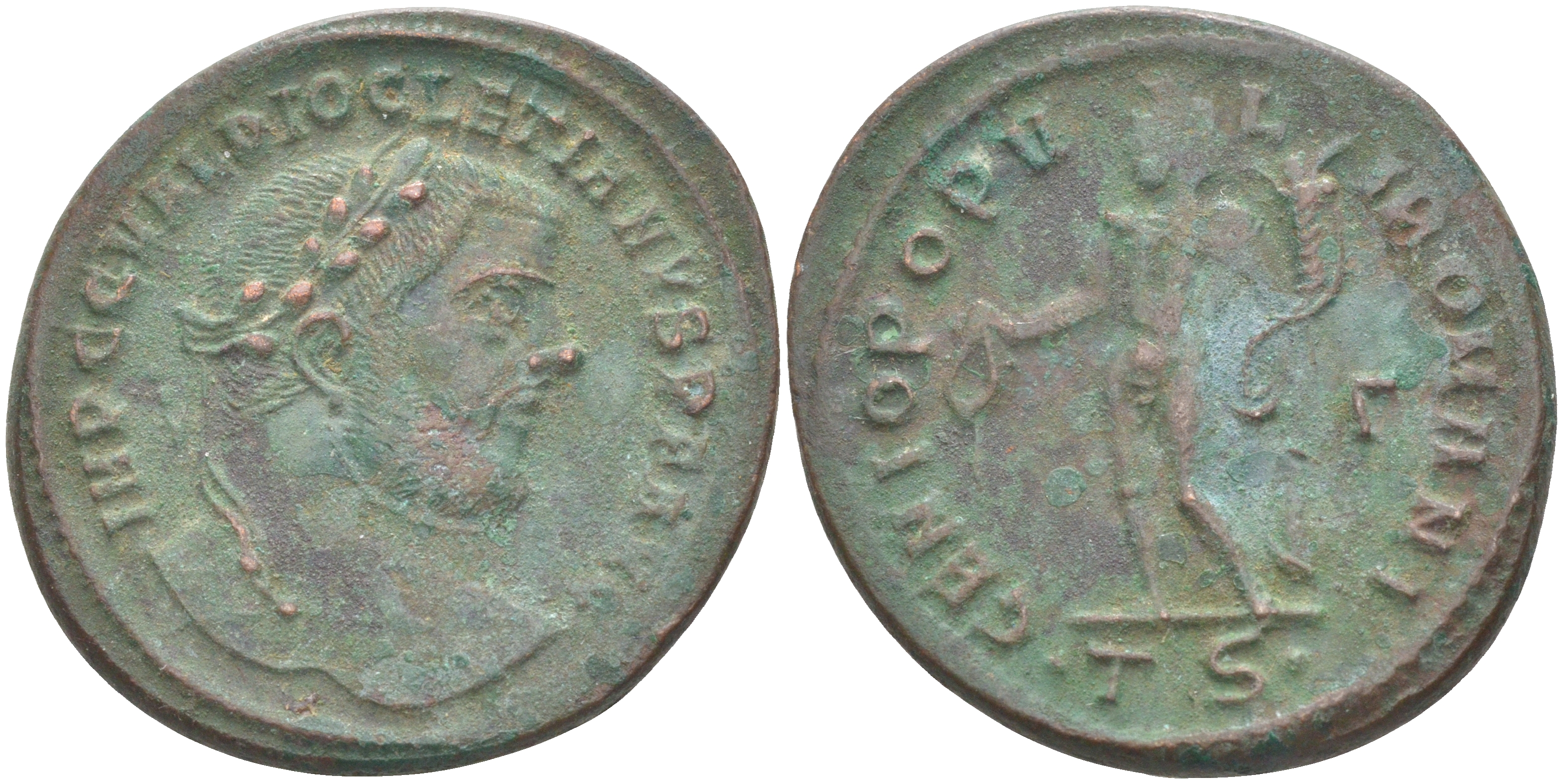 Римская Империя нуммий 302 - 303 Диоклетиан, бюст императора, IMP C C VAL DIOCLETIANVS P F AVG / Гений Римского народа, GENIO POPVLI ROMANI Г TS, Фессалоника RIC 25а биллон 1073-23-24