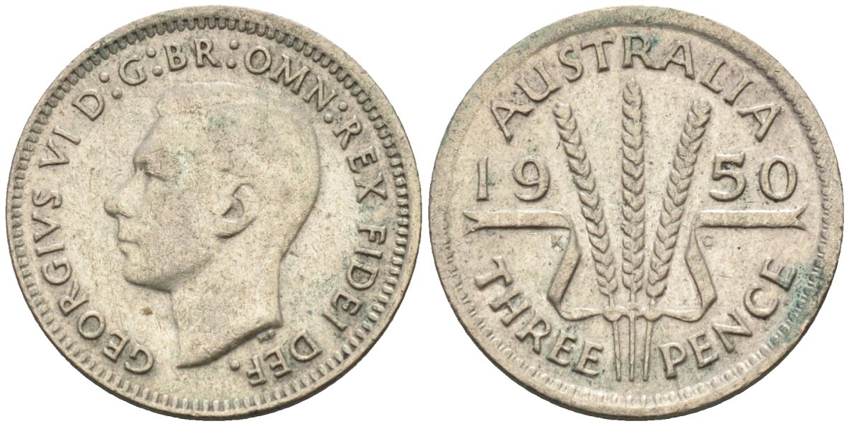 Австралия 3 пенса 1950 KG, Георг VI (1937-1952) KM 44 серебро 4585-267
