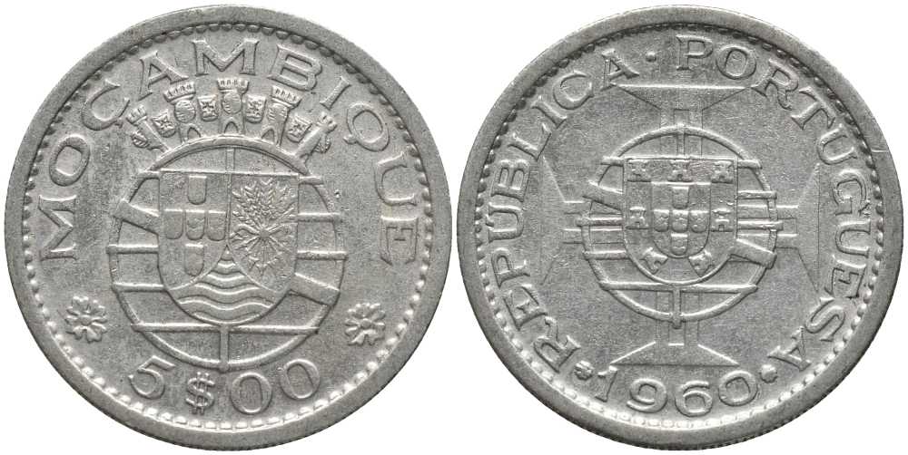 Португальский Мозамбик 5 эскудо 1960 КМ 84 серебро 202-453