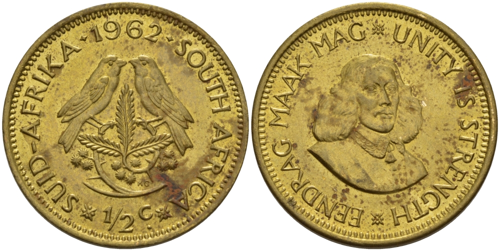 ЮАР 1/2 ЦЕНТА 1962 ЯН ВАН РИБЕК (1619-1677), ГОЛАНДСКИЙ ИССЛЕДОВАТЕЛЬ , МОРЕПЛАВАТЕЛЬ, ОСНОВАТЕЛЬ Г. КЕЙПТАУНА, ДВЕ ПТИЧКИ НА ВЕТКЕ С ЯГОДАМИ KM 56 латунь UNC 67-237