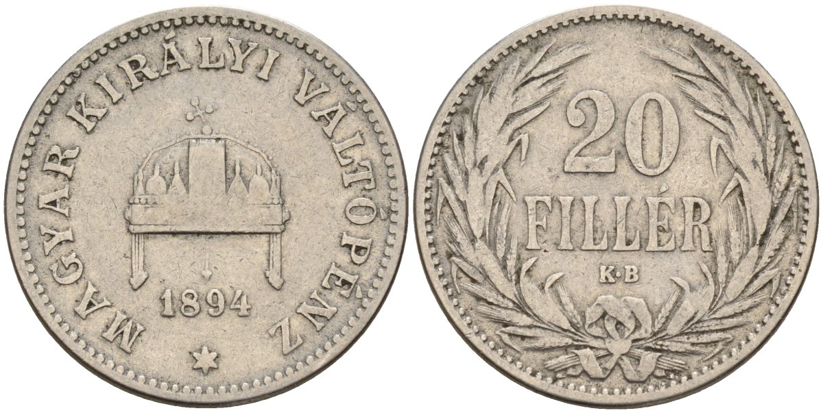 Венгрия 20 филлеров 1894 KB, Франц Иосиф I (1848-1916) KM 483 никель 4151-949