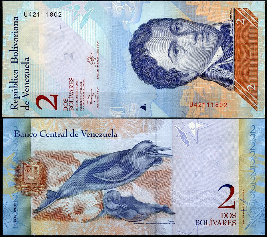 Венесуэла 2 боливара 2013 29 октября 2013, Франсиско де Миранда, речной дельфин Pick 88 f  бумага  UNC (пресс) 449-66-1