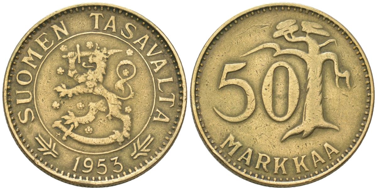 Финляндия 50 марок 1953 H KM 40 алюминиевая бронза 4586-821