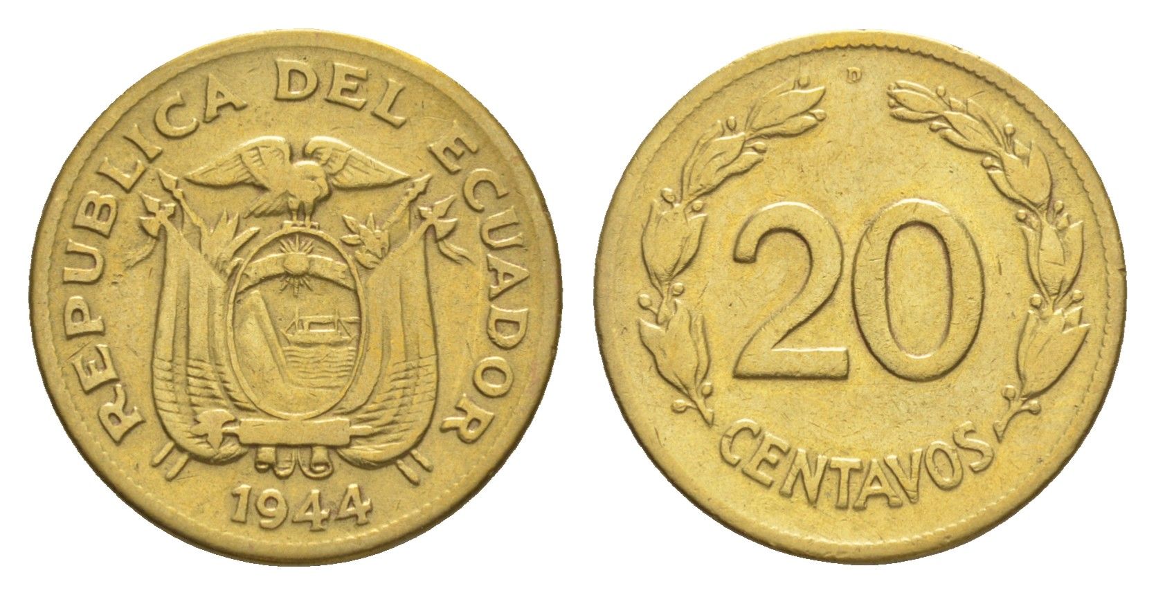 Эквадор 20 сентаво 1944 KM 77.1a латунь 4640-1221