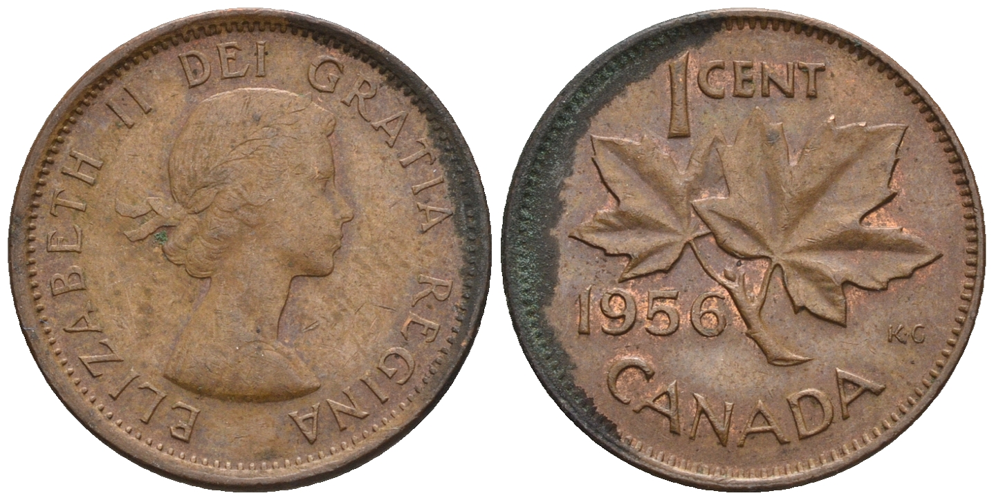 Канада 1 цент 1956 Елизавета II (1952-2022), кленовый лист KM 49 бронза 4609-116