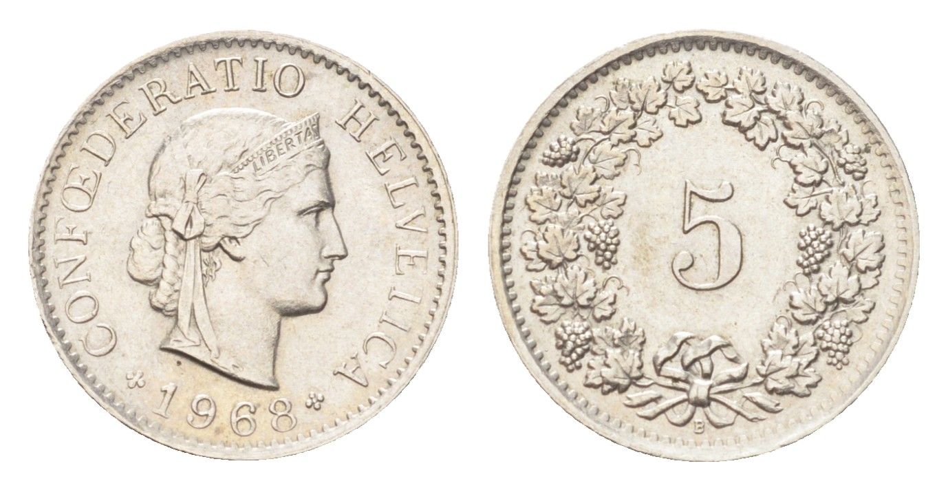 Швейцария 5 раппенов 1968 B KM 26 медно-никель 4705-1258