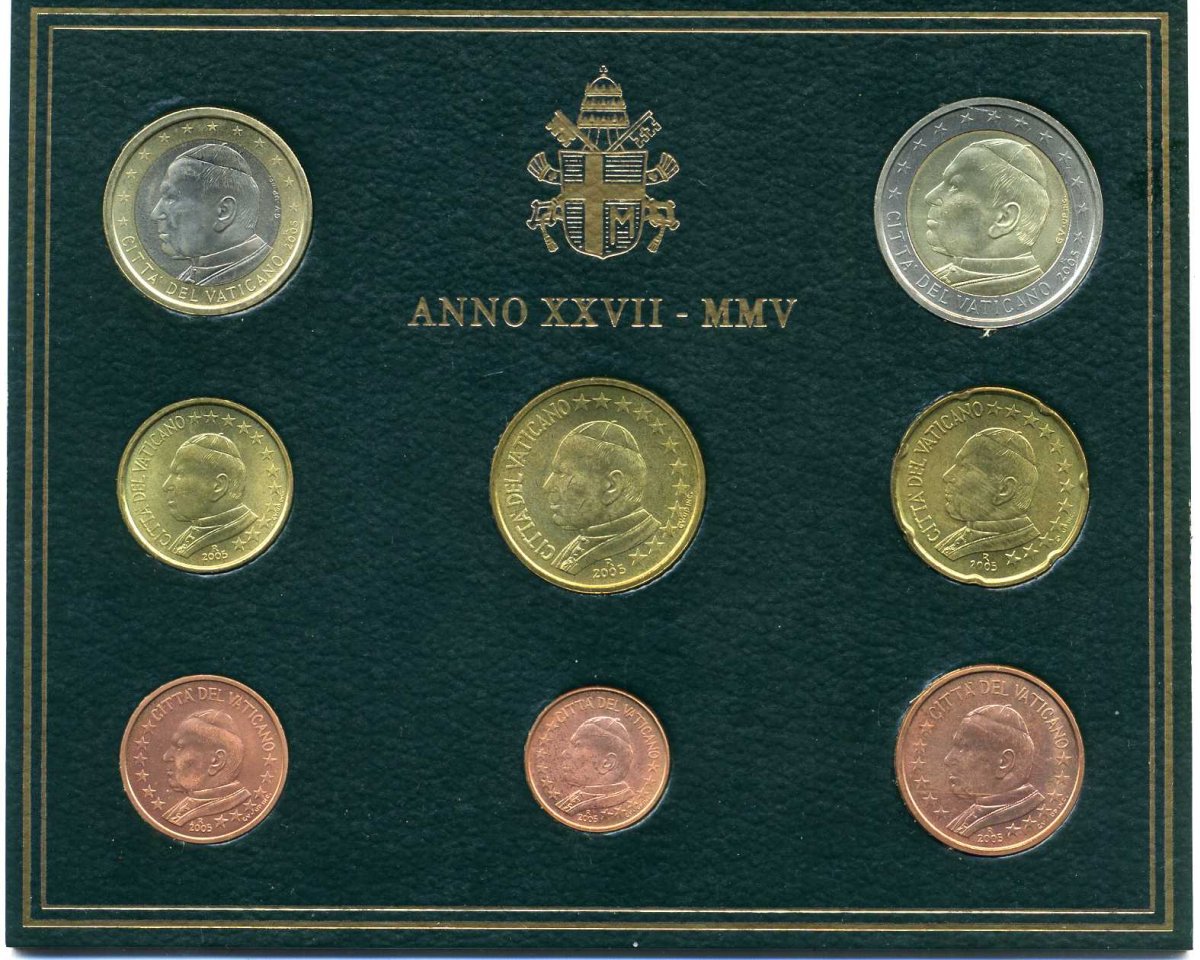 Ватикан евронабор из 8 монет 2005 Папа Иоанн Павел II, в оригинальном буклете KM MS 111 биметалл UNC 7-1-1-11