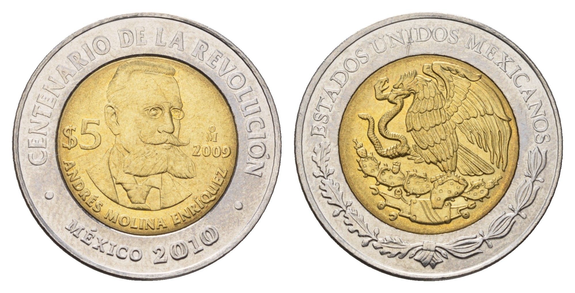 Мексика 5 песо 2009 Столетие революции - Андрес Молина Энрикес KM 911 биметалл UNC 216-1241