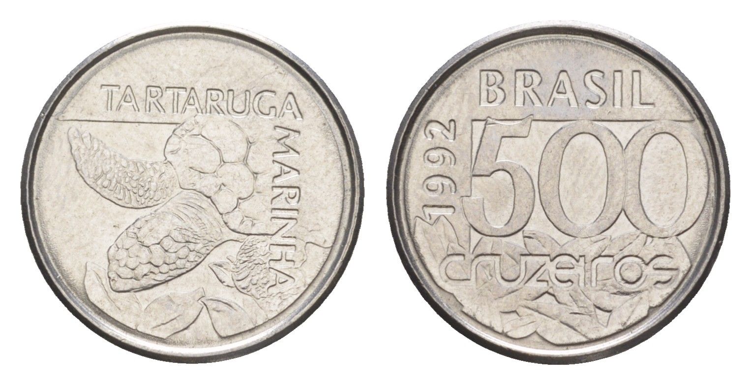 Бразилия 500 крузейро 1992 морская черепаха KM 624 нержавеющая сталь UNC 4644-544