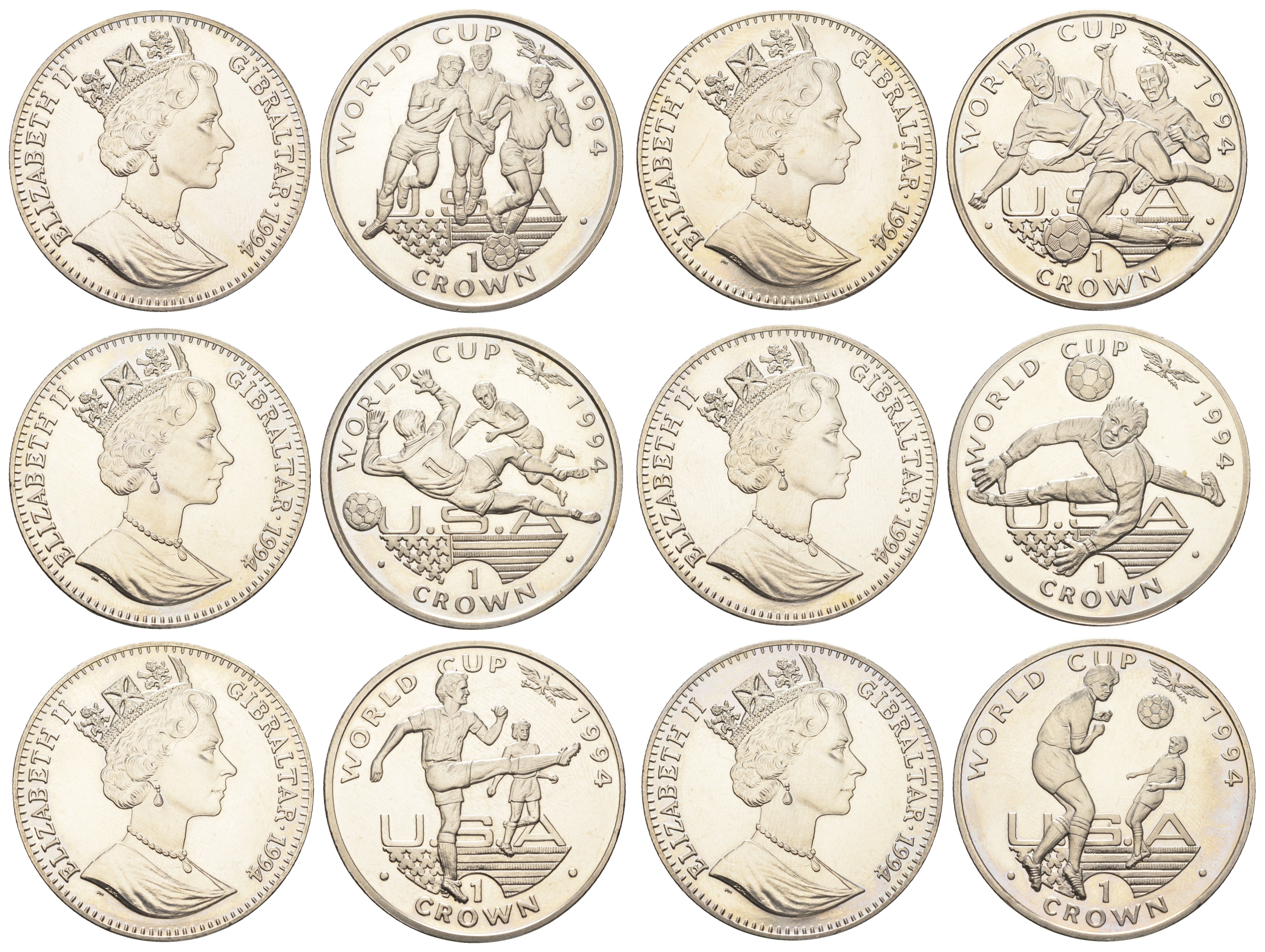 Гибралтар полный набор из 6 монет (1 крона) 1994 Чемпионат мира по футболу 1994 KM 225, 227, 229, 231, 233 и 235 медно-никель BU 1524-1715-1725