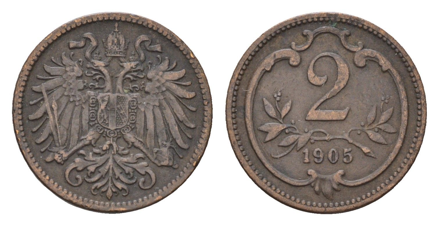 Австрия 2 геллера 1905 Франц Иосиф I (1848-1916) KM 2801 бронза 4674-412