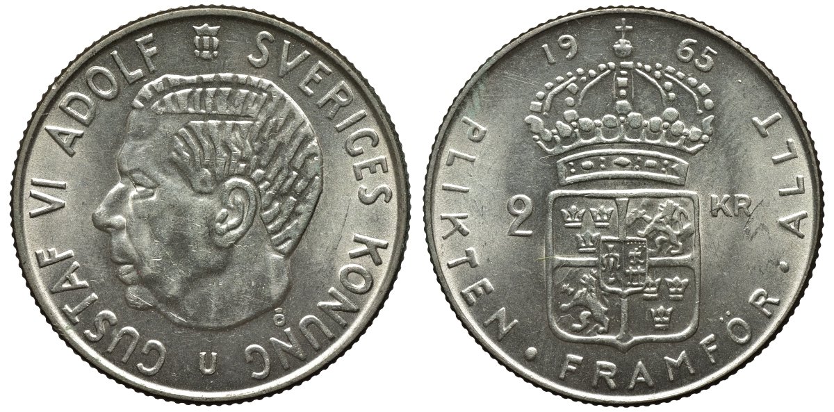 Швеция 2 кроны 1965 U, Густав VI Адольф (1950-1973) KM 827 серебро UNC 00-00