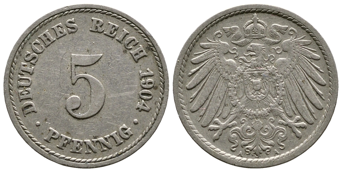 Германия 5 пфеннигов 1904 А, KM 11, J. 12 медно-никель 4364-3047