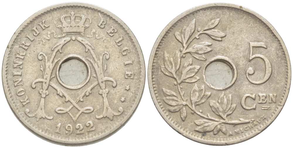 БЕЛЬГИЯ 5 САНТИМОВ 1922 BELGIE KM 67 медно-никель 3309-1261