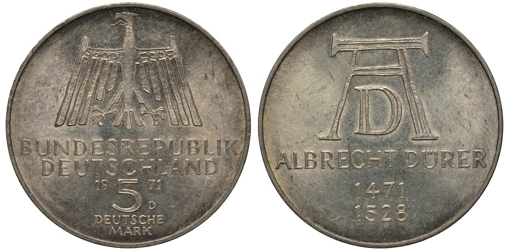ФРГ 5 марок 1971 D, 500 лет со дня рождения Альбрехта Дюрера KM 129, J. 410 серебро UNC 413-4721