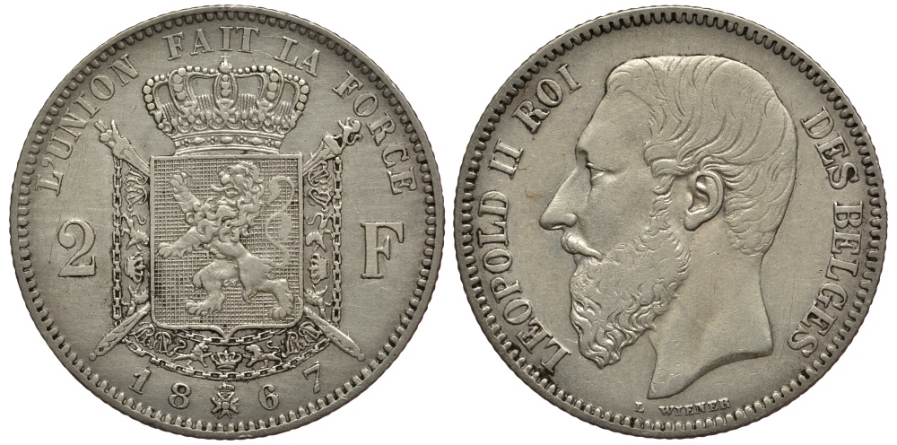 БЕЛЬГИЯ 2 ФРАНКА 1867 ЛЕОПОЛЬД II (1865-1909), BELGES KM 30.1 серебро 3896-934