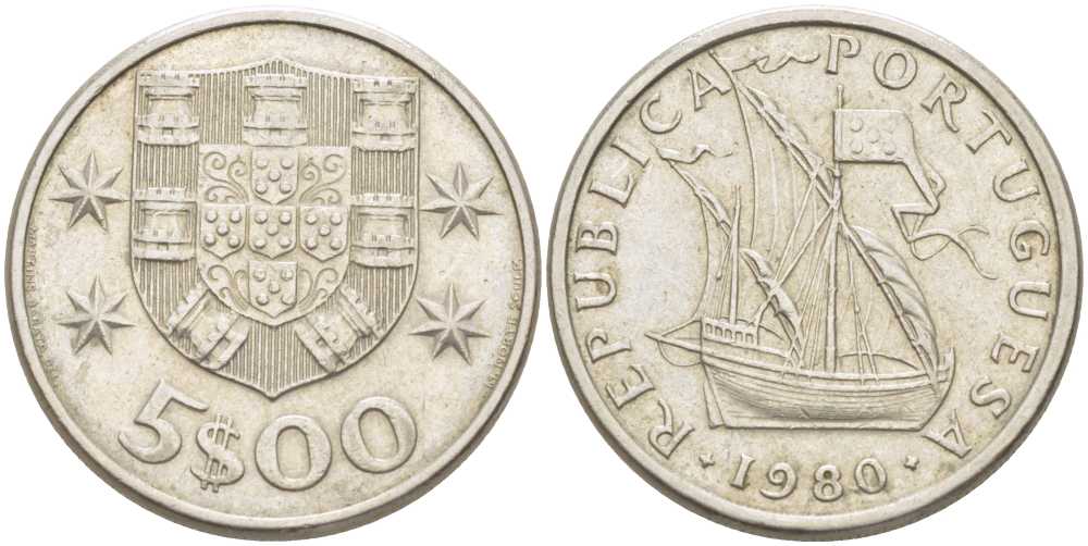 ПОРТУГАЛИЯ 5 ЭСКУДО 1980 ПАРУСНИК KM 591 медно-никель 213-255