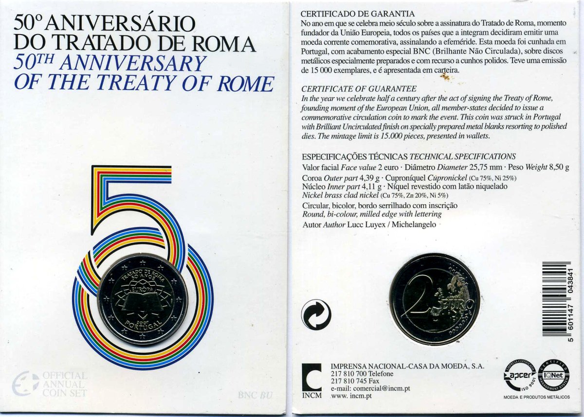 Португалия 2 евро 2007 50 лет Римскому договору, запайка, картонный буклет KM 771 биметалл BUNC 3-4-8-39