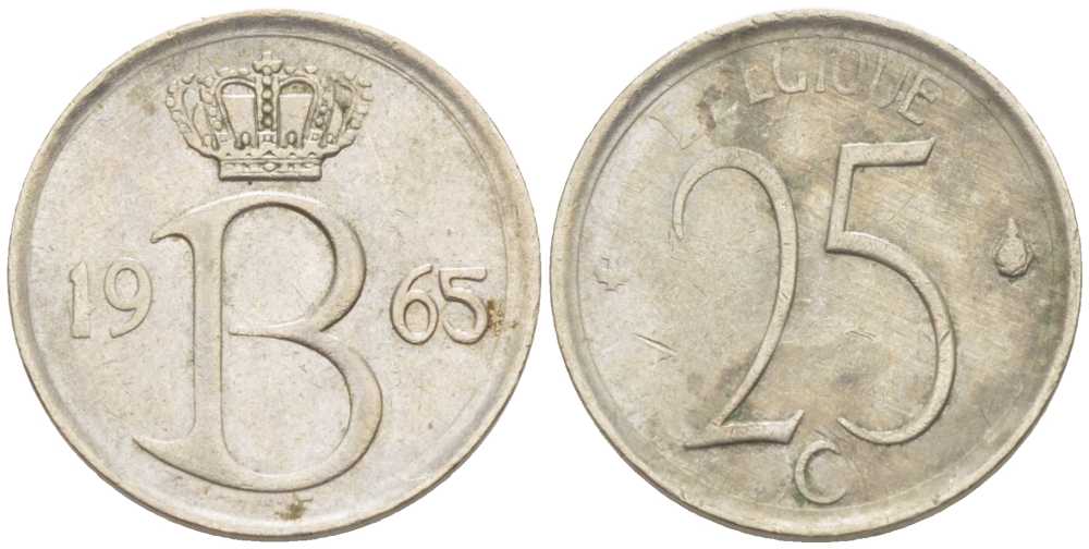 Бельгия 25 сантимов 1965 Belgique, Бодуэн I (1951-1993) KM 153.1 медно-никель 201-1262