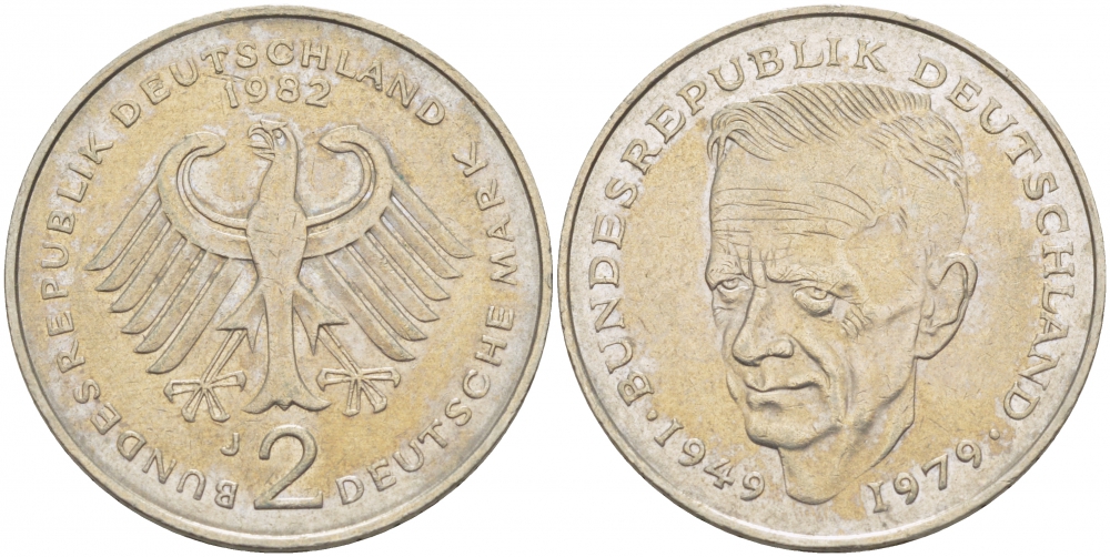 ФРГ 2 МАРКИ 1982 J, КУРТ ШУМАХЕР KM 149, J. 424 медно-никель плакированный никелем 3718-1016