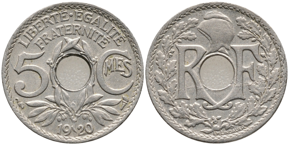 ФРАНЦИЯ 5 САНТИМОВ 1920 KM 865 медно-никель UNC 4388-837