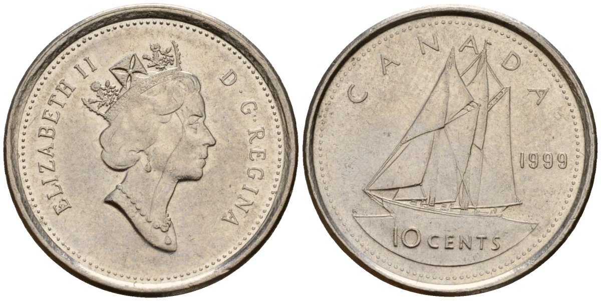 Канада 10 центов 1999 Елизавета II (1953-), парусник KM 183 никель 4189-922