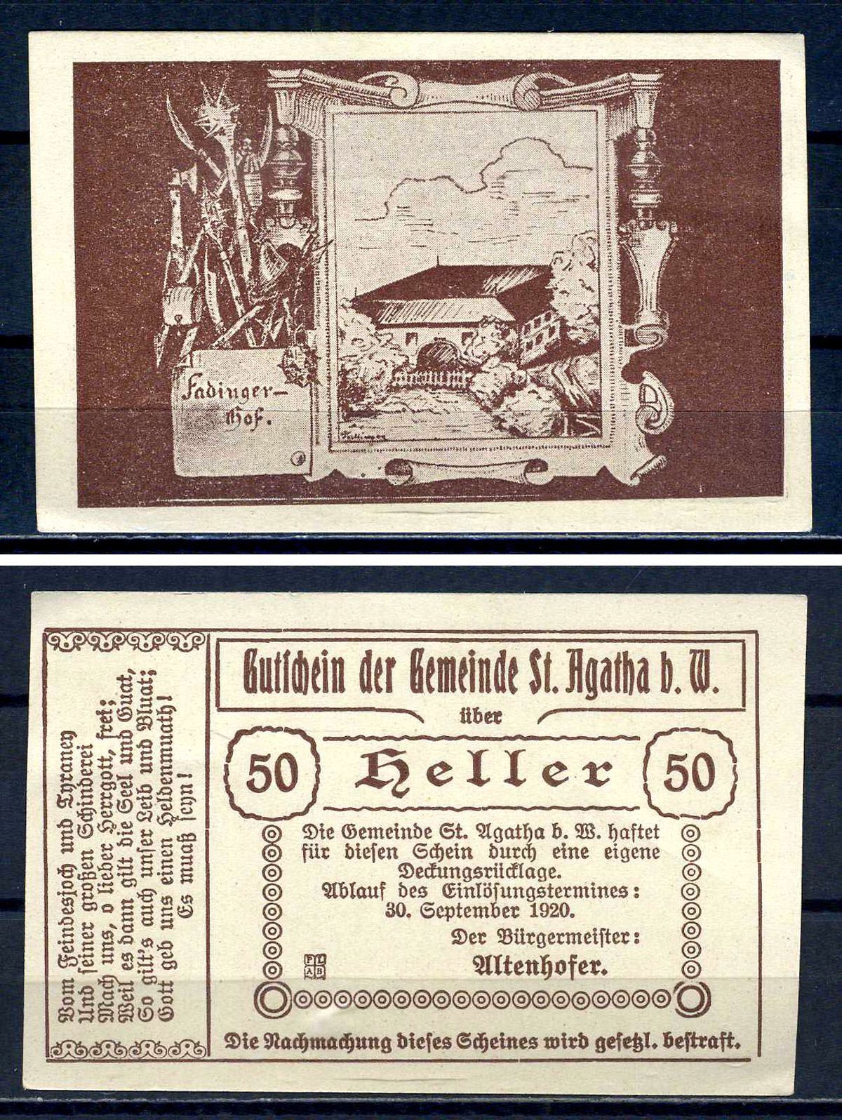 Санкт-Агата (Австрия) 50 геллеров 1920 Jaksc/Pick?JPR0877Ib-50 бумага aUNC 7556-34-3-1