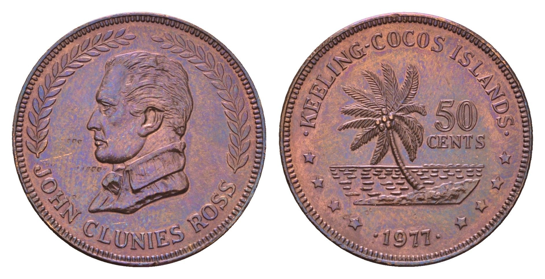 Кокосовые острова, Килинг, Австралия 50 центов 1977 Портрет Джона Клуниса Росса X 4 бронза UNC 4127-1941