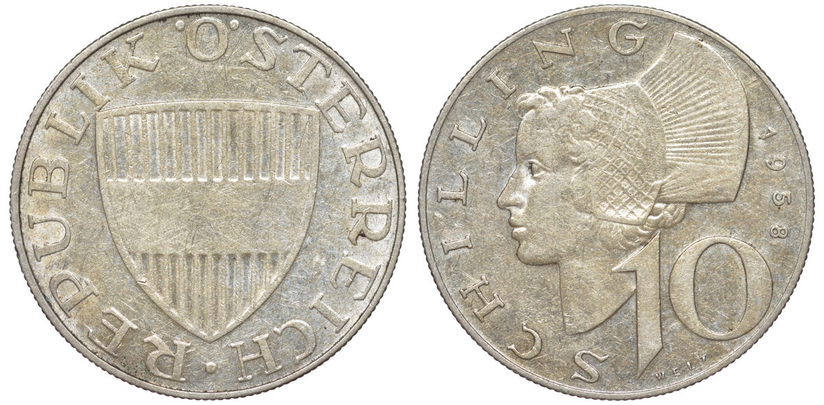 Австрия 10 шиллингов 1958 KM 2882 серебро 4178-1144